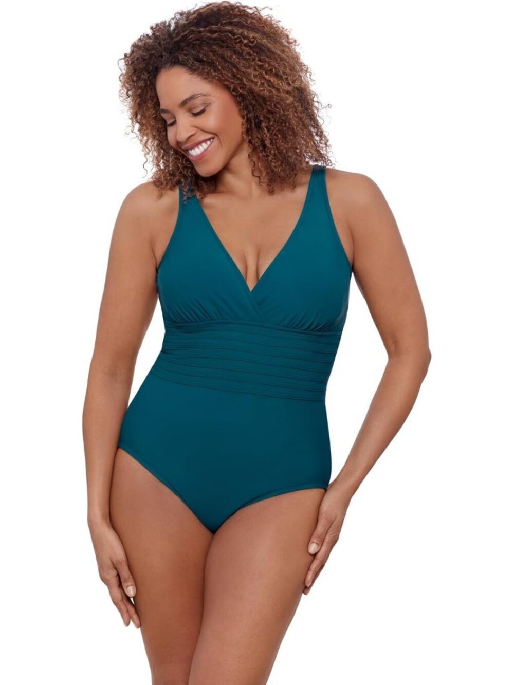 Aqua Green Full Coverage V-Neck One Piece Swimsuit with Tummy Control Overlay